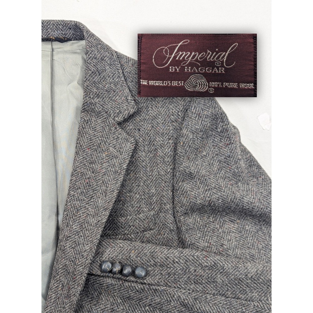 Haggar Tweed Wool Blazer Suit Jacket Heavy Gray Hereingbone Wool 42L 44" Chest